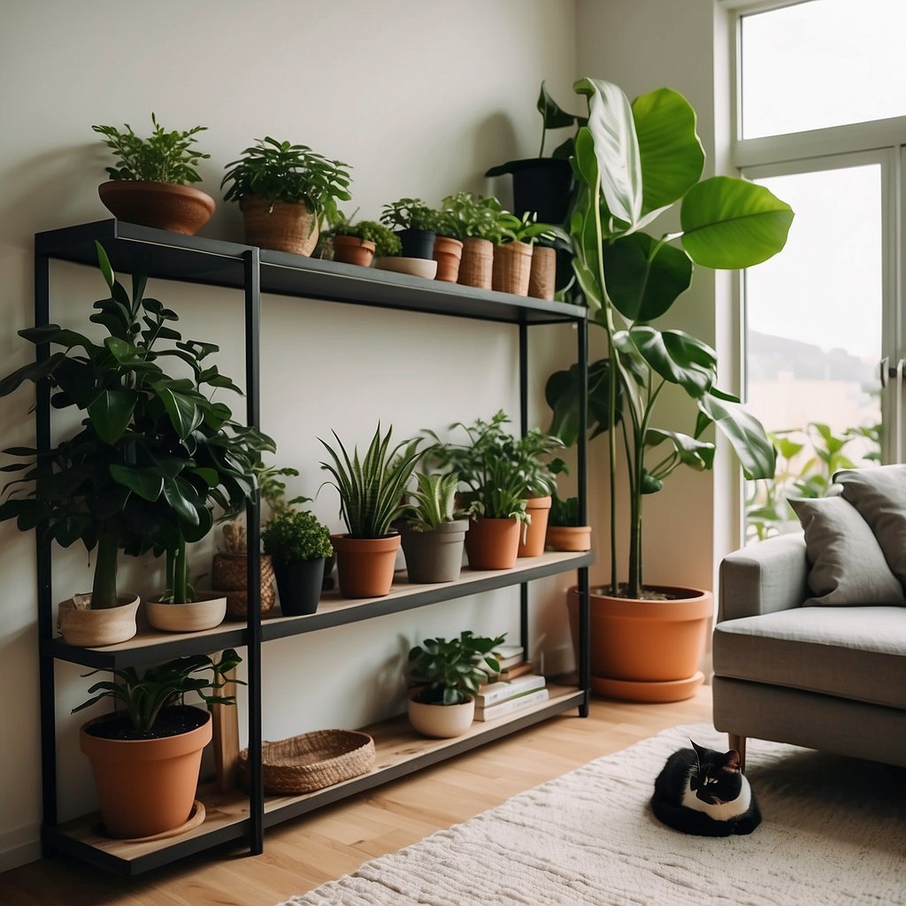 A cozy living room with a variety of lush, non-toxic houseplants placed on high shelves and hanging planters, with a curious cat lounging nearby
