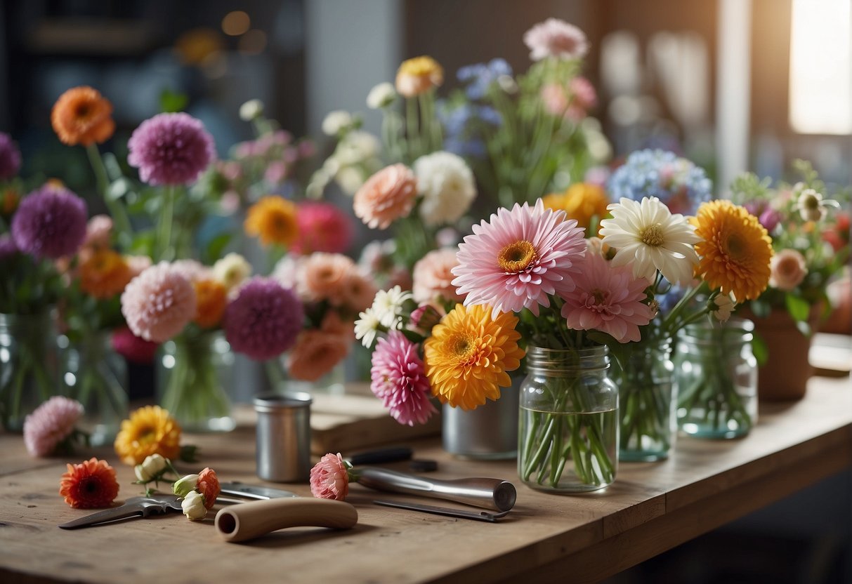 A colorful array of blooming flowers fills a spacious studio, where various tools and materials for floral design are neatly organized on a large table