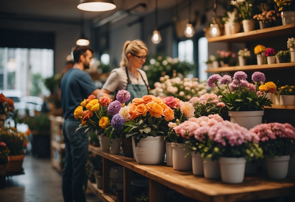 A bustling flower shop with vibrant blooms, a busy worktable, and a satisfied customer leaving with a beautiful arrangement