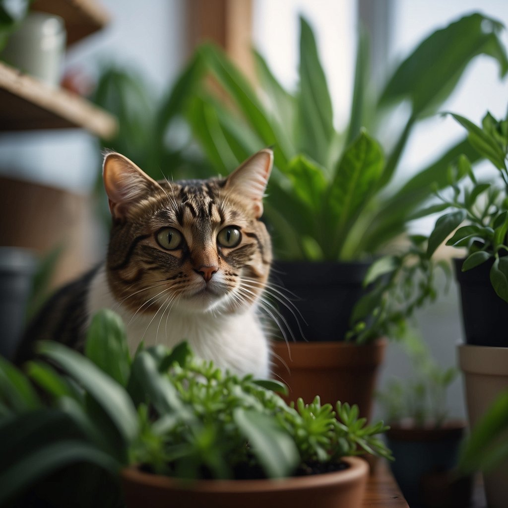 Lush green houseplants sit on high shelves, out of reach of curious feline paws. A mischievous cat eyeing the plants from below