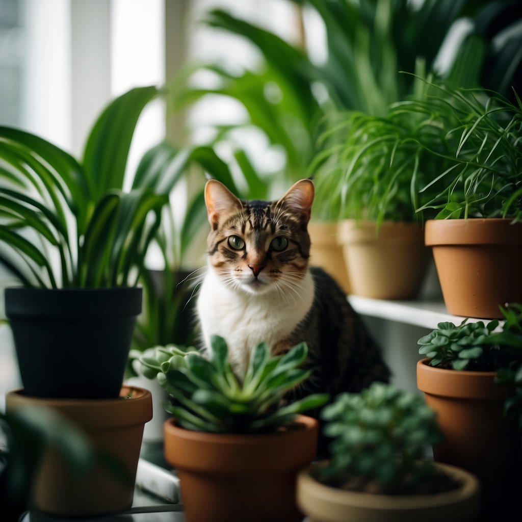 Lush green houseplants sit on shelves, with curious cats lounging nearby. Safe varieties like spider plants and palms are within reach, while feline companions playfully bat at dangling leaves