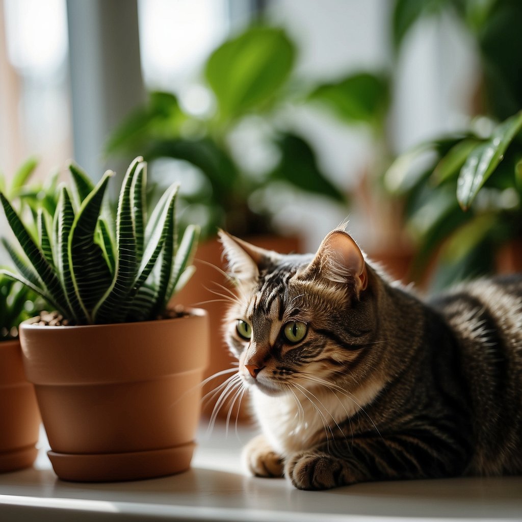 Lush green houseplants in a cozy living room, with a curious cat sniffing and inspecting each one. Pictures of the plants displayed nearby