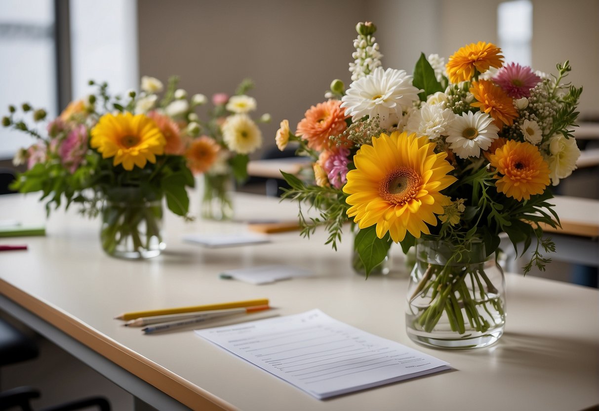 A variety of floral designs, such as line, mass, and form, are displayed in a classroom setting with floral arrangements on tables and a whiteboard with diagrams