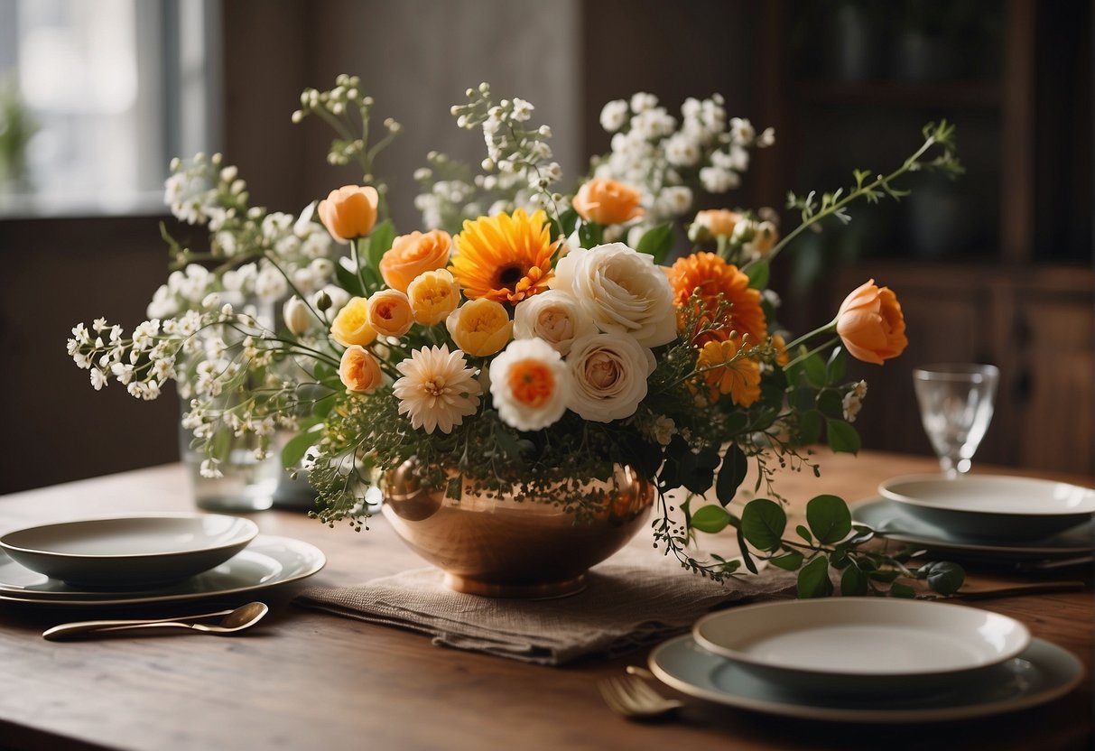 A table with various floral arrangements: Ikebana, European, and contemporary styles. Tools like scissors, wire, and floral foam are used