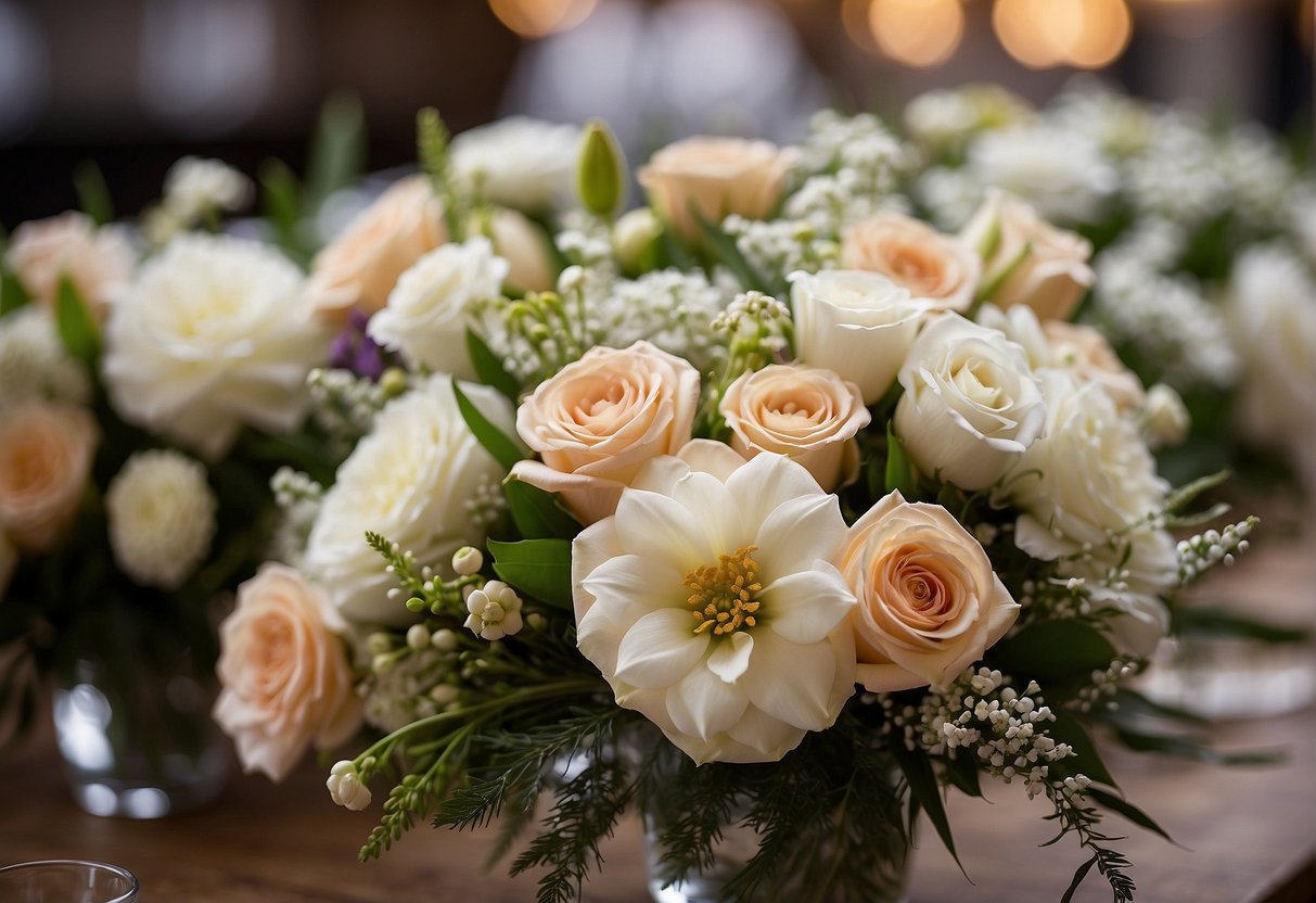A variety of floral designs are displayed on a table, including bouquets, centerpieces, and arrangements in different shapes and sizes