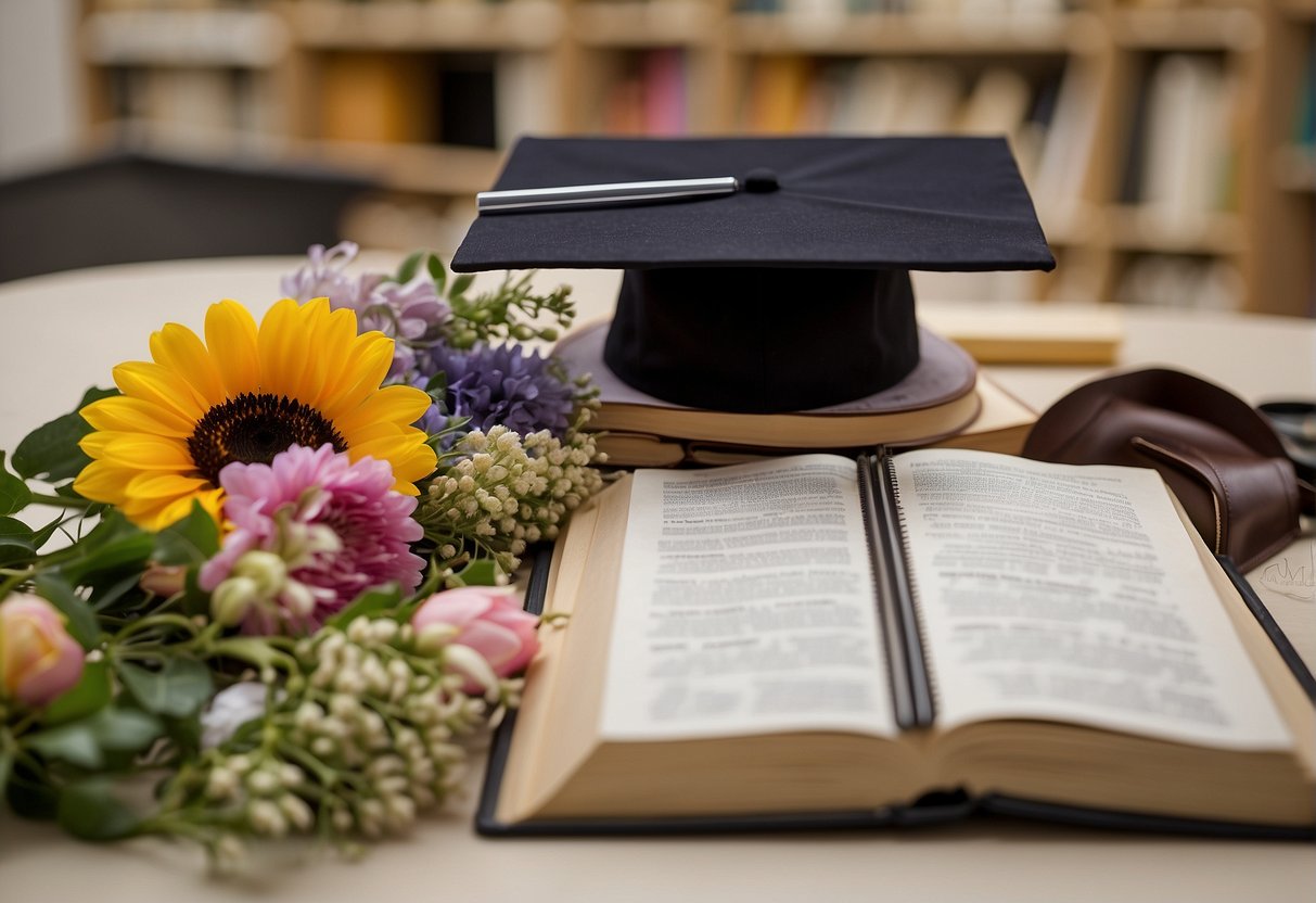 A classroom setting with textbooks, floral design tools, and a graduation cap symbolizing the educational pathway in floral design