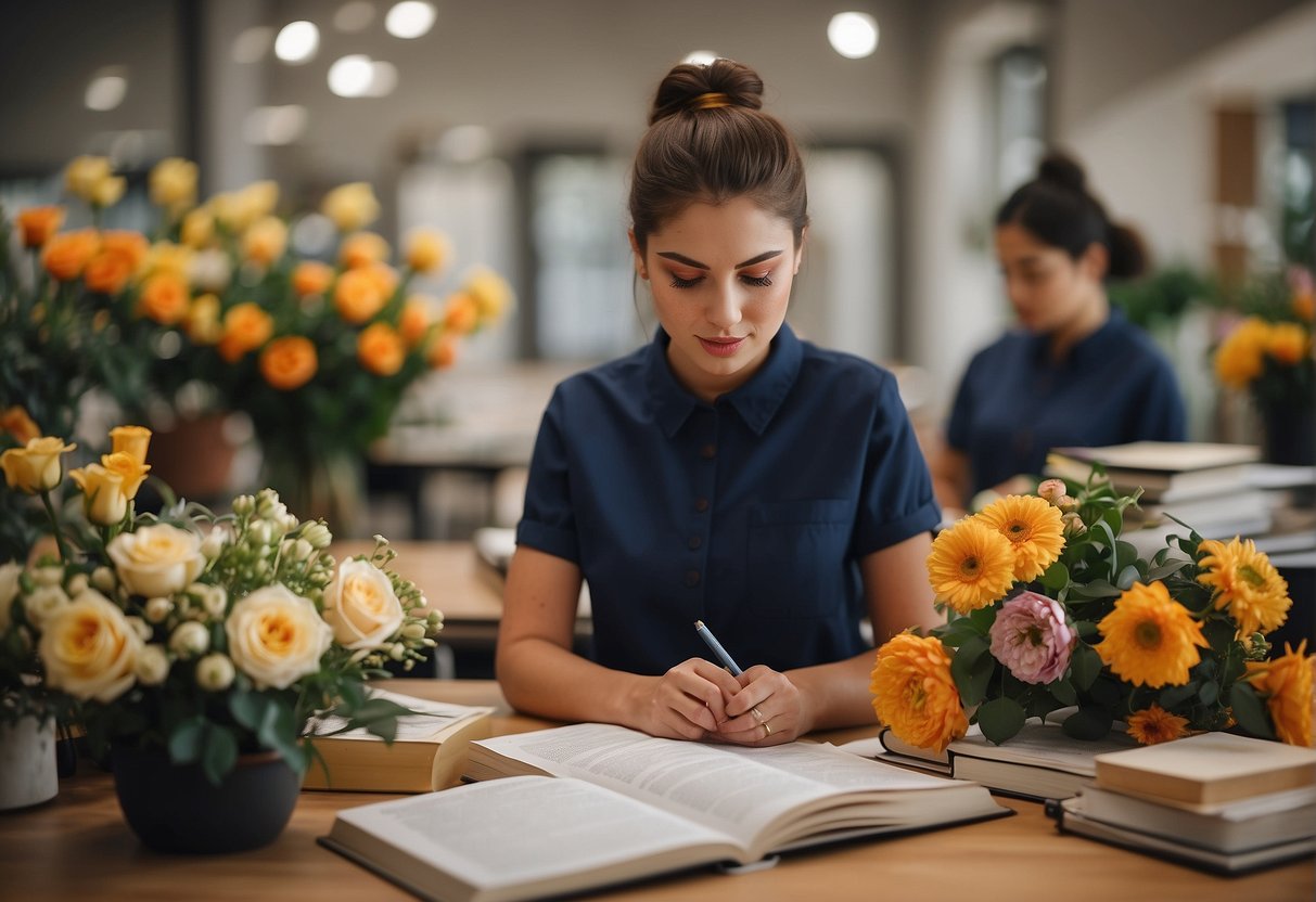 A student studying floral design in a classroom with textbooks and floral arrangements, surrounded by examples of career opportunities in the industry