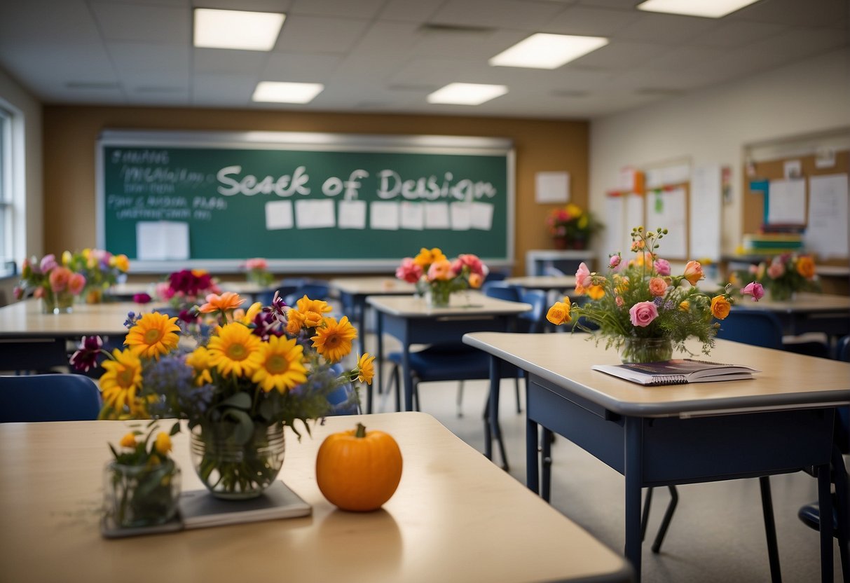 A classroom with floral design textbooks, colorful flower arrangements, and a whiteboard with "Years of College for Floral Design" written on it