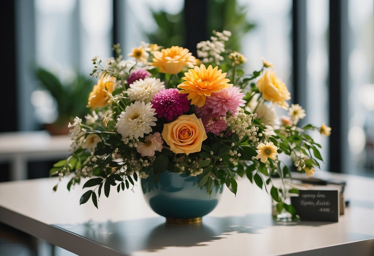 A colorful floral arrangement sits on a white table, surrounded by greenery and natural light, with a price tag visible