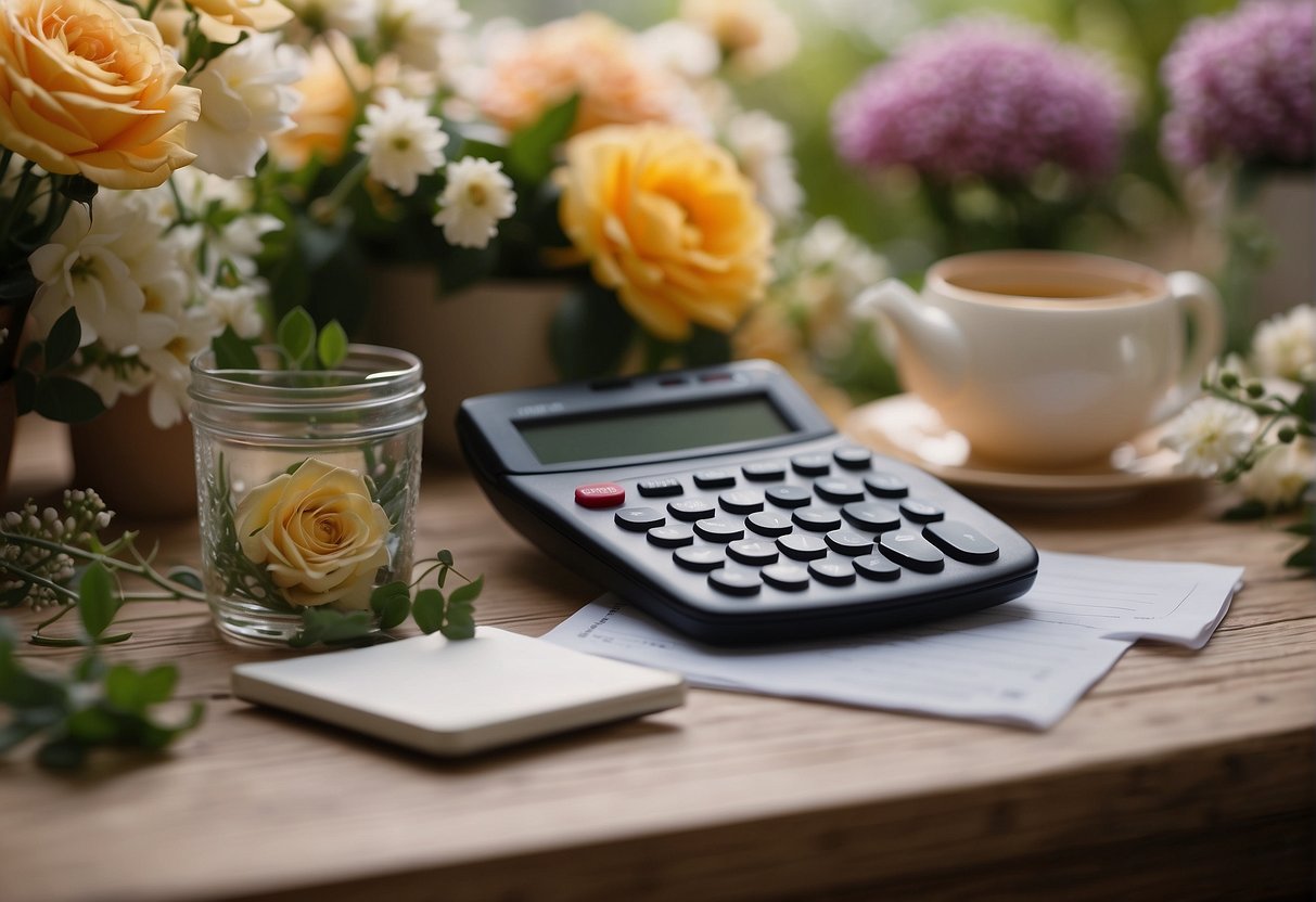 A table with various floral arrangements, price tags, and a calculator