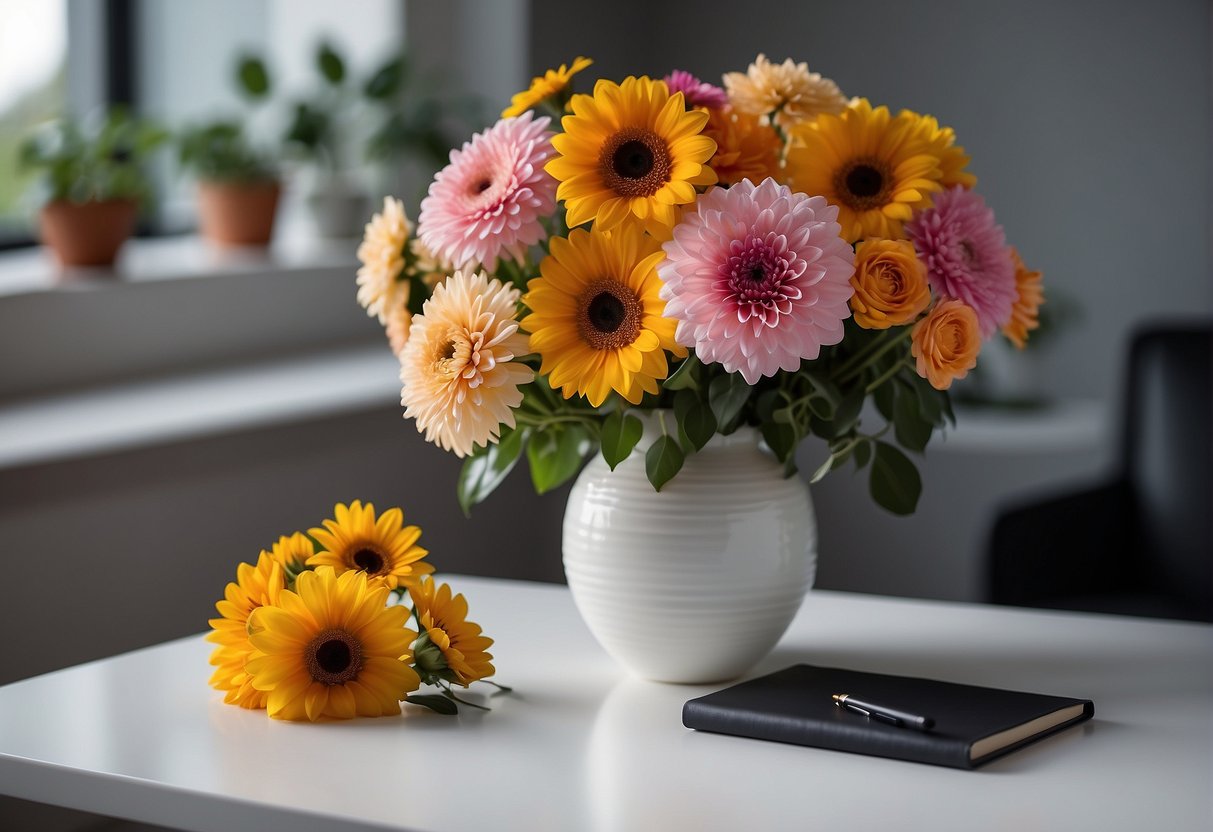 A vibrant array of flowers arranged in a sleek, modern vase on a clean, white table. A notebook and pen sit nearby, ready for taking orders