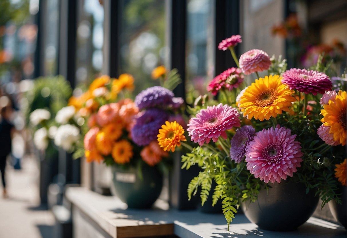 Vibrant floral arrangements in a storefront window change frequently. Bright colors and varying heights create an eye-catching display