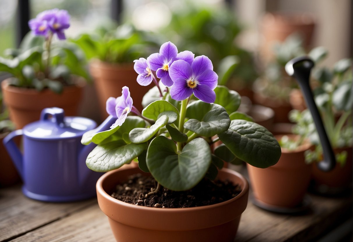 African violet being gently repotted in a decorative pot, surrounded by small gardening tools and a watering can