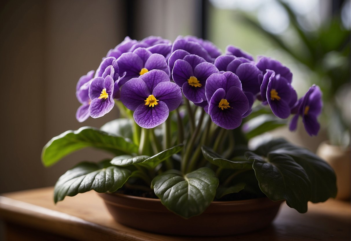 An African violet is placed in a floral arrangement, showcasing its use in floral design. The plant is positioned to emphasize design principles