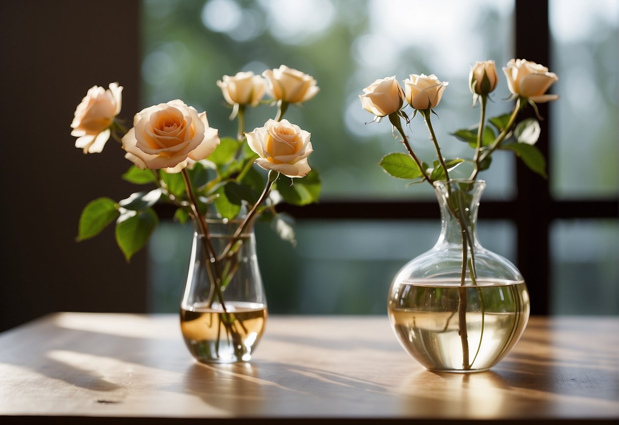 A vase with a single stem rose surrounded by empty space, highlighting the balance and proportion in floral design