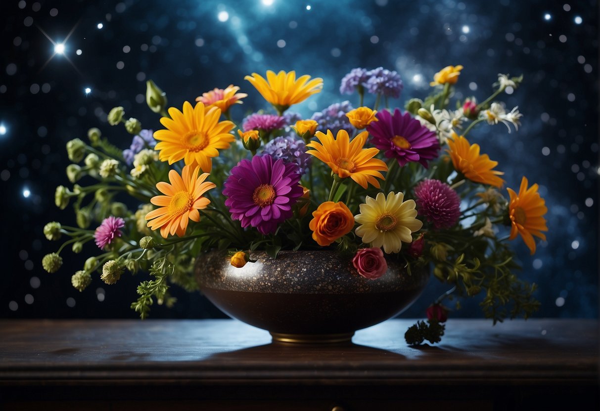 A colorful floral arrangement floats in a dark, starry expanse, surrounded by celestial bodies and galaxies. The flowers and greenery create a sense of depth and movement, capturing the vastness and beauty of space