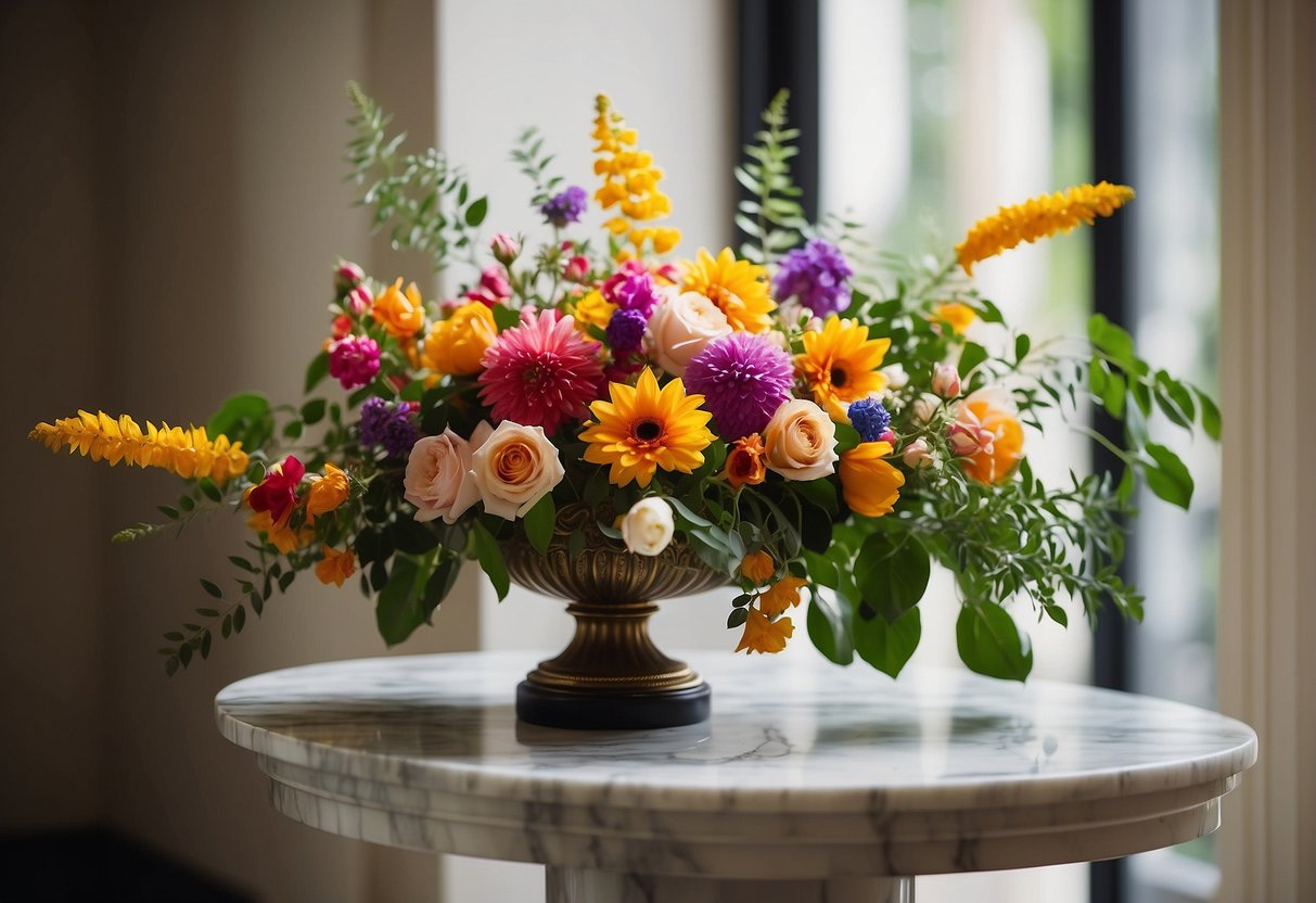 A vibrant floral arrangement sits atop a marble pedestal, surrounded by lush greenery and colorful blooms. The natural light filters in, casting soft shadows across the delicate petals and leaves