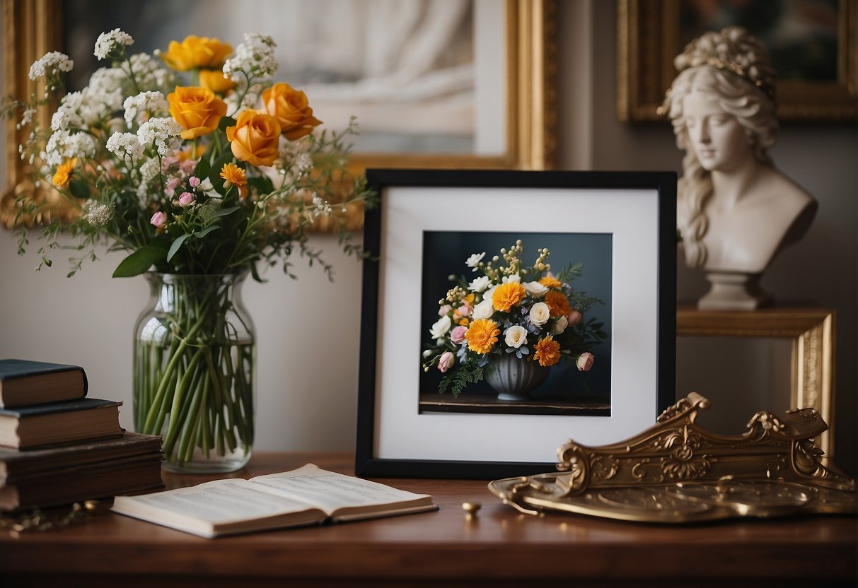A floral arrangement sits alongside a painting, sculpture, and music sheet, symbolizing the intersection of floral design with other artistic disciplines