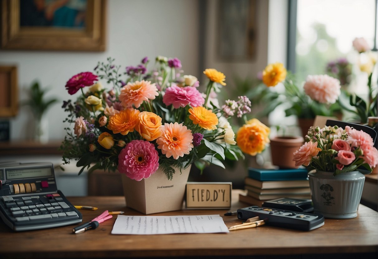 A colorful floral arrangement with intricate details, surrounded by art supplies and a sign reading "Frequently Asked Questions: Is Floral Design a Fine Art?"