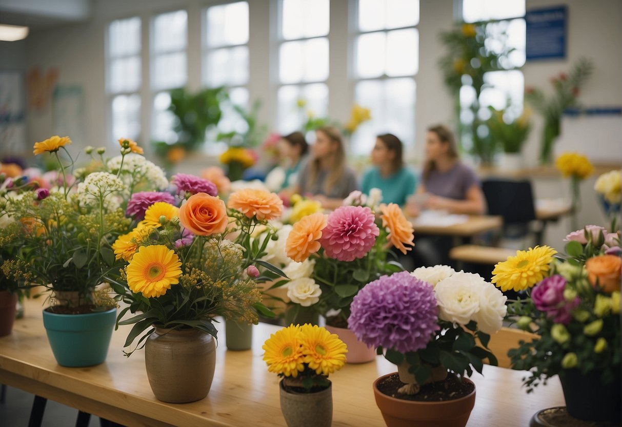 A classroom filled with colorful blooms, vases, and floral arrangements. Students are engaged in hands-on activities, learning the art of floral design
