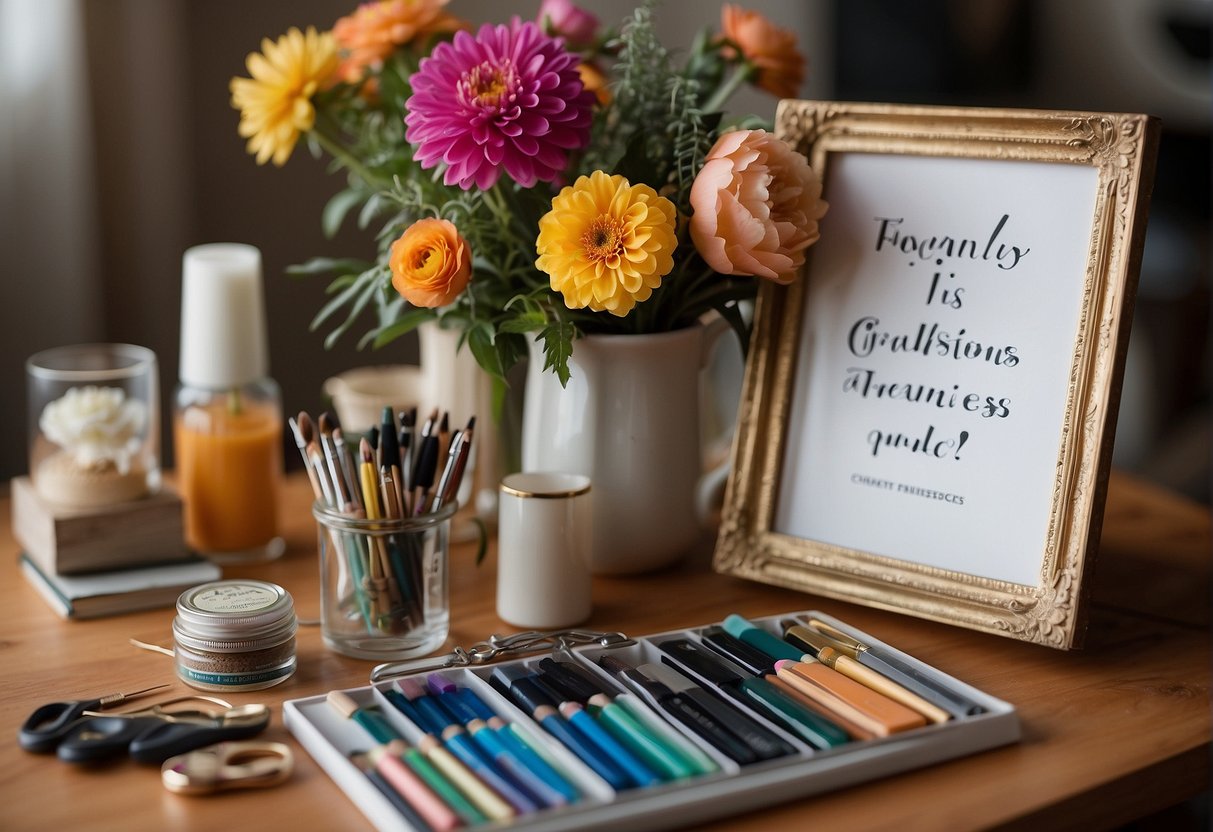 A colorful floral arrangement sits atop a canvas, surrounded by art supplies and a sign reading "Frequently Asked Questions: Is Floral Design a Fine Arts Credit?"
