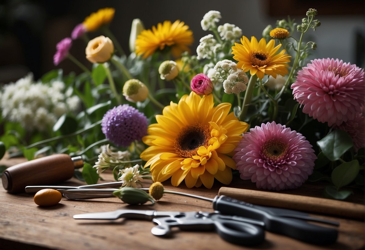 A colorful array of fresh flowers and foliage arranged on a work table, with tools and materials scattered around, hinting at the creative process of floral design