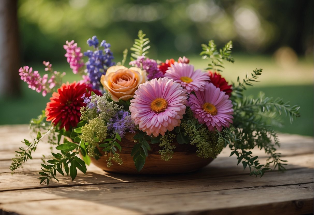 A vibrant floral arrangement sits atop a rustic wooden table, with various types of flowers and greenery carefully arranged in a harmonious composition
