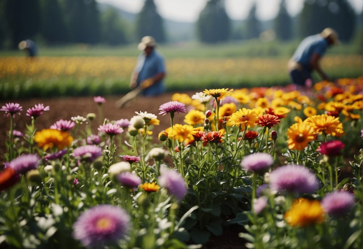A field of colorful flowers blooms in neat rows, surrounded by greenery and tended by workers