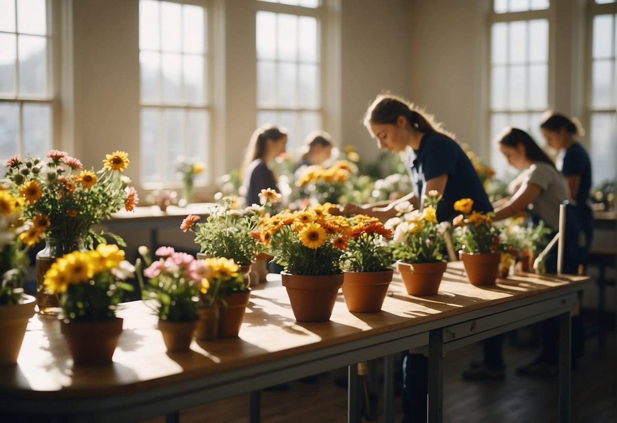 A classroom with students creating floral arrangements. Tables are covered with flowers, vases, and tools. Bright sunlight streams in through the windows