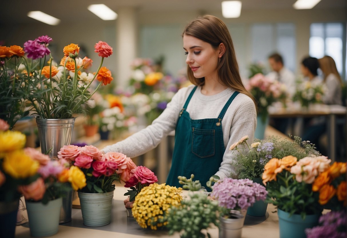 A student arranging flowers in a classroom, surrounded by vases, tools, and a variety of colorful blooms