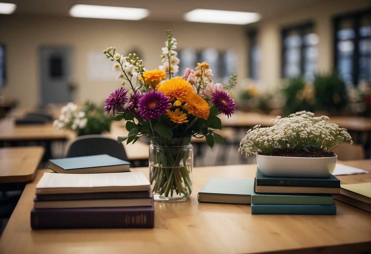 A classroom filled with floral arrangements, textbooks, and certification materials