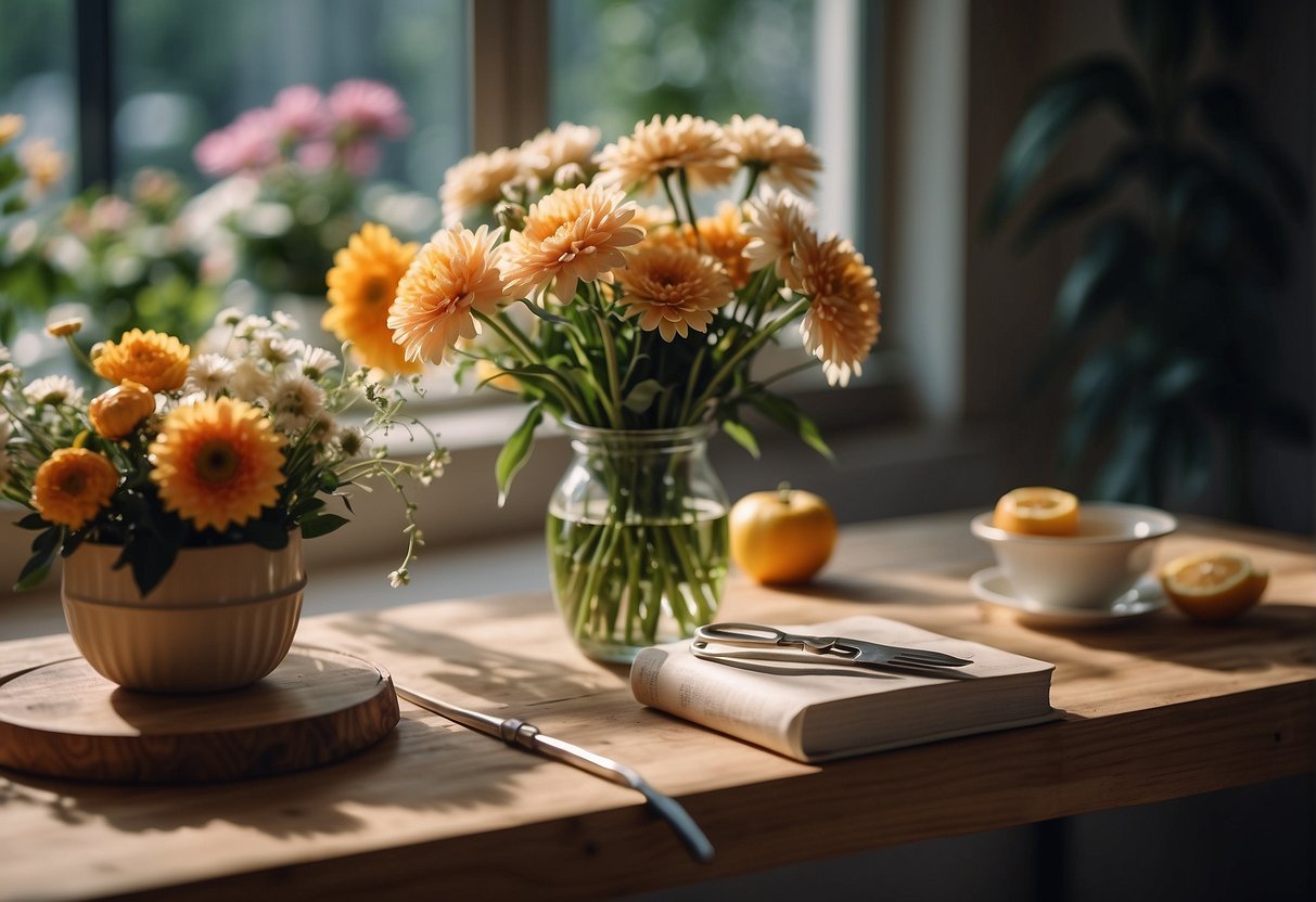 A table with fresh flowers, scissors, and a vase. Step-by-step guide book open to a page titled "Practical Steps to Create Your Floral Arrangement."