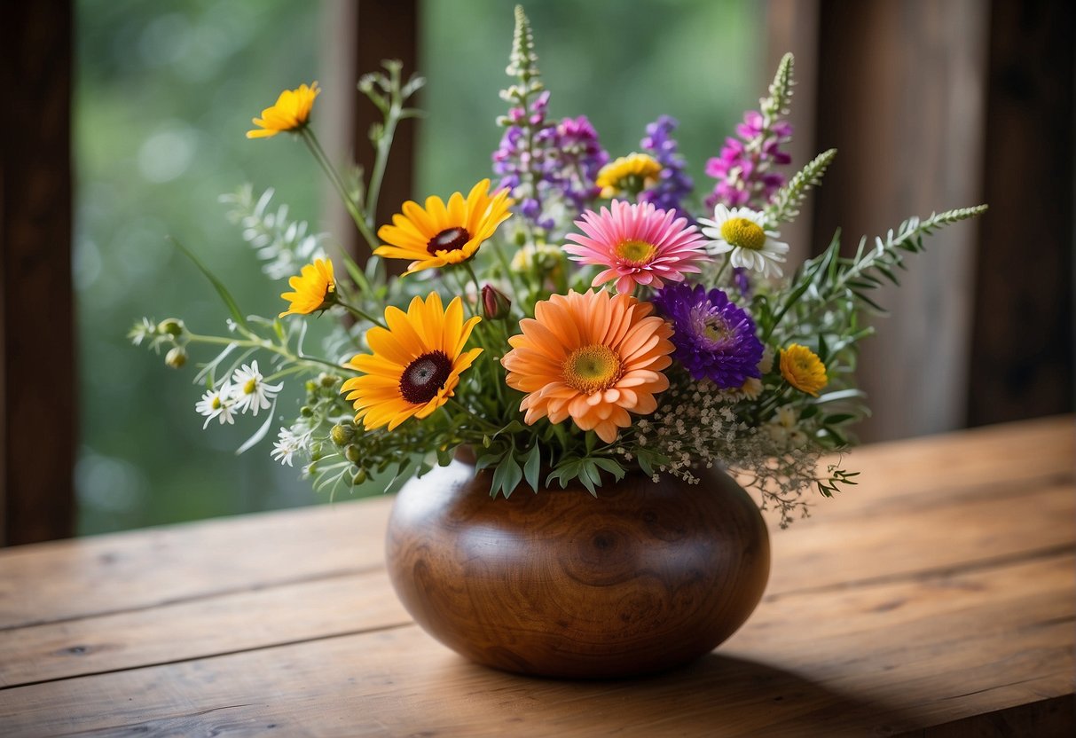 A vibrant floral arrangement in a rustic vase on a wooden table. Wildflowers, greenery, and pops of color create a natural and inviting display