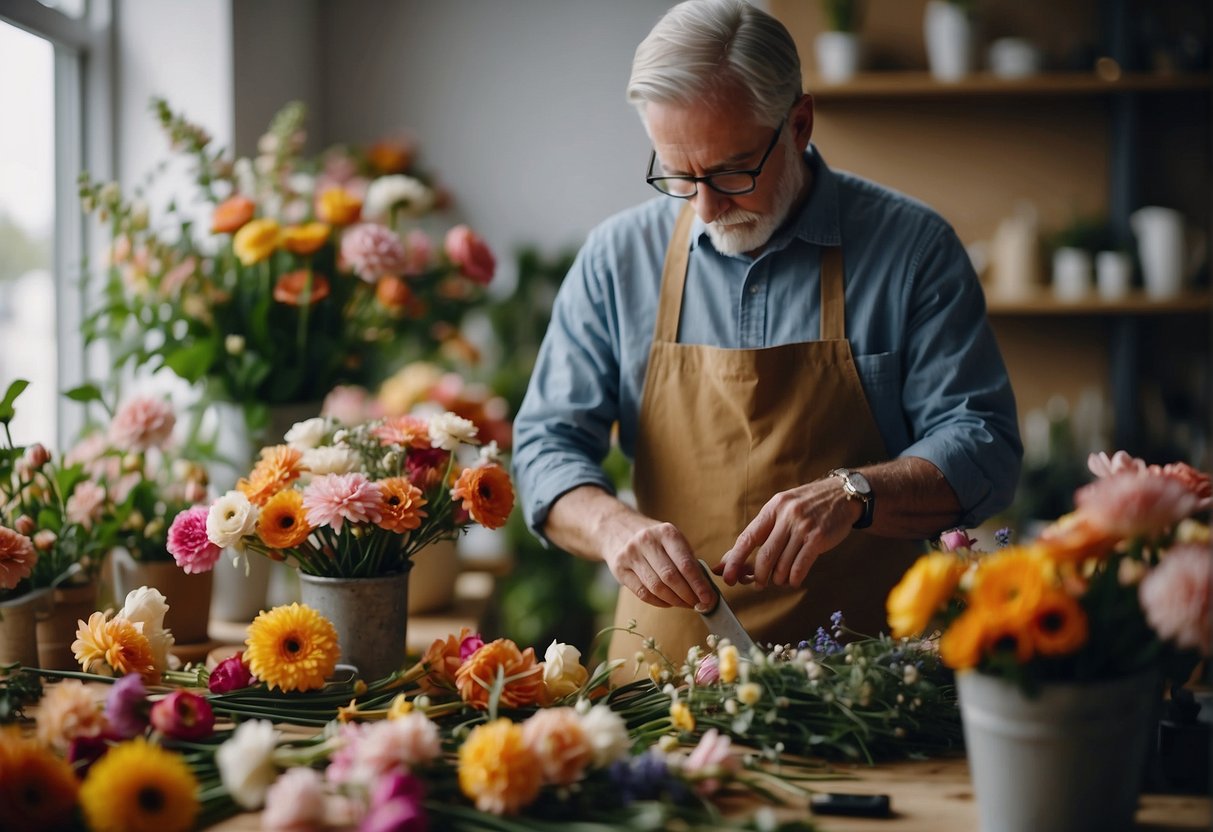 A florist arranging vibrant blooms in a studio, surrounded by tools and materials for floral design. The focus is on the intricate details of the flowers and the skilled hands at work
