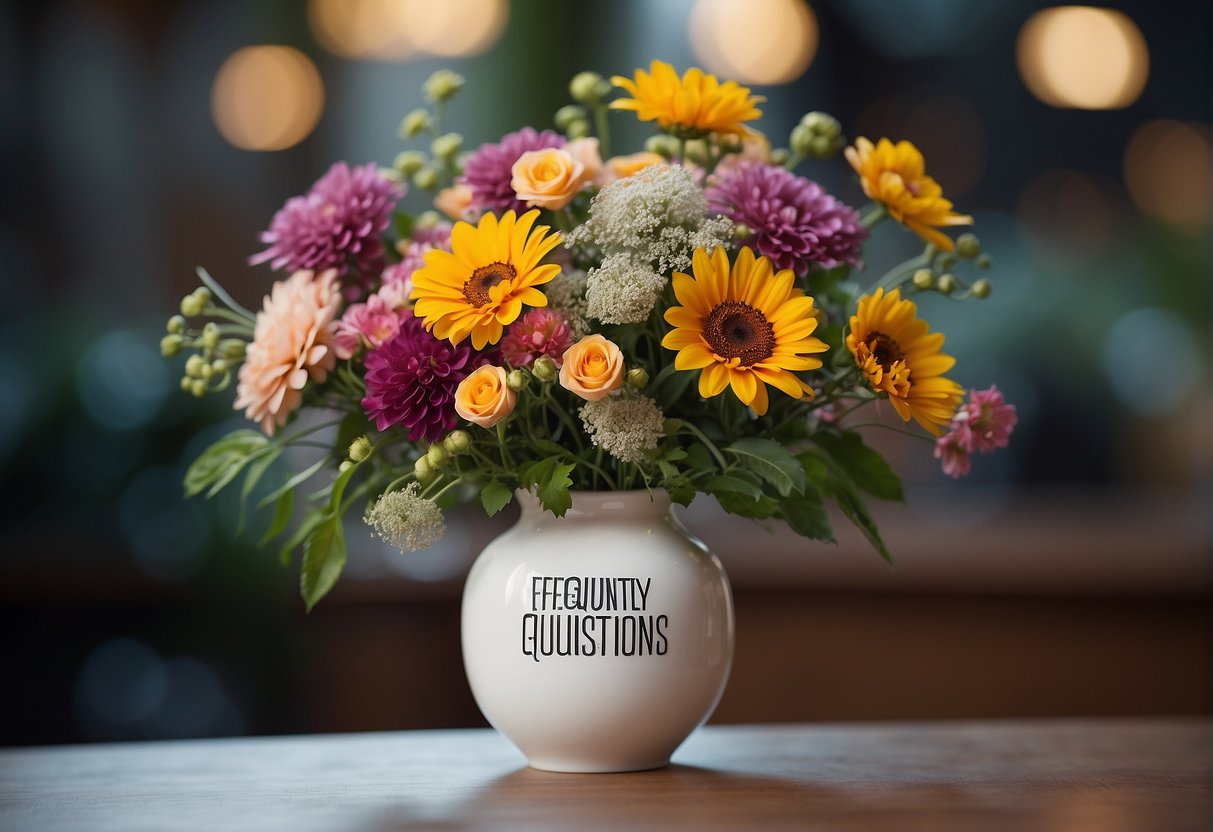 A colorful floral arrangement with "Frequently Asked Questions" text in the background