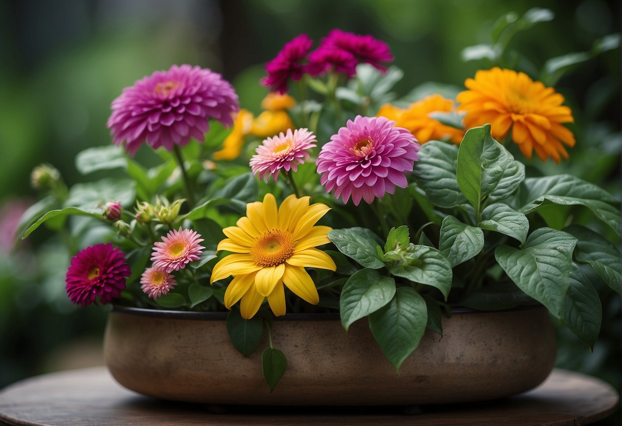 Colorful flowers arranged in a variety of shapes and sizes, surrounded by green foliage and placed in a stylish container