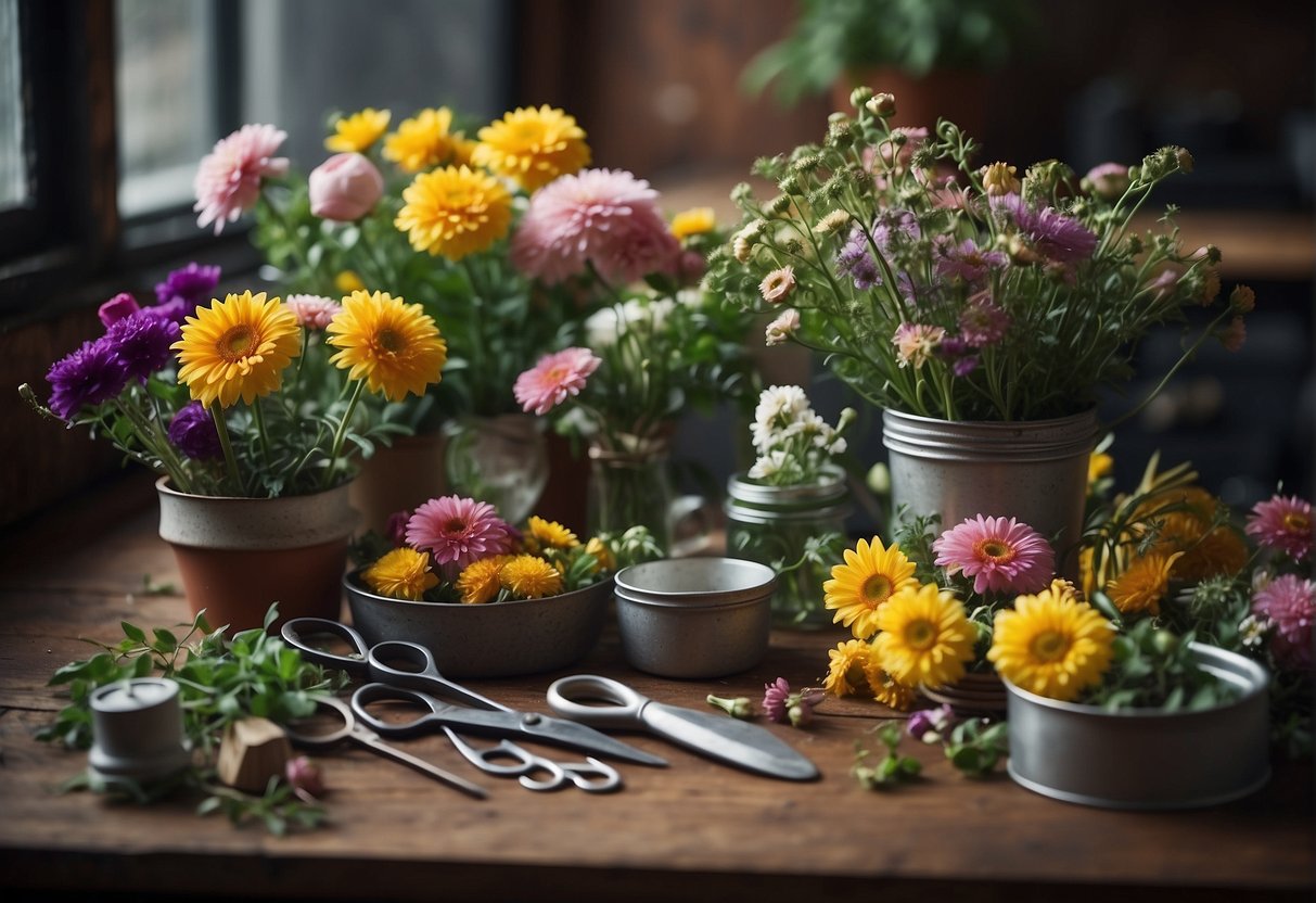 An array of vibrant flowers arranged in various containers, with scissors, wire, and floral foam nearby