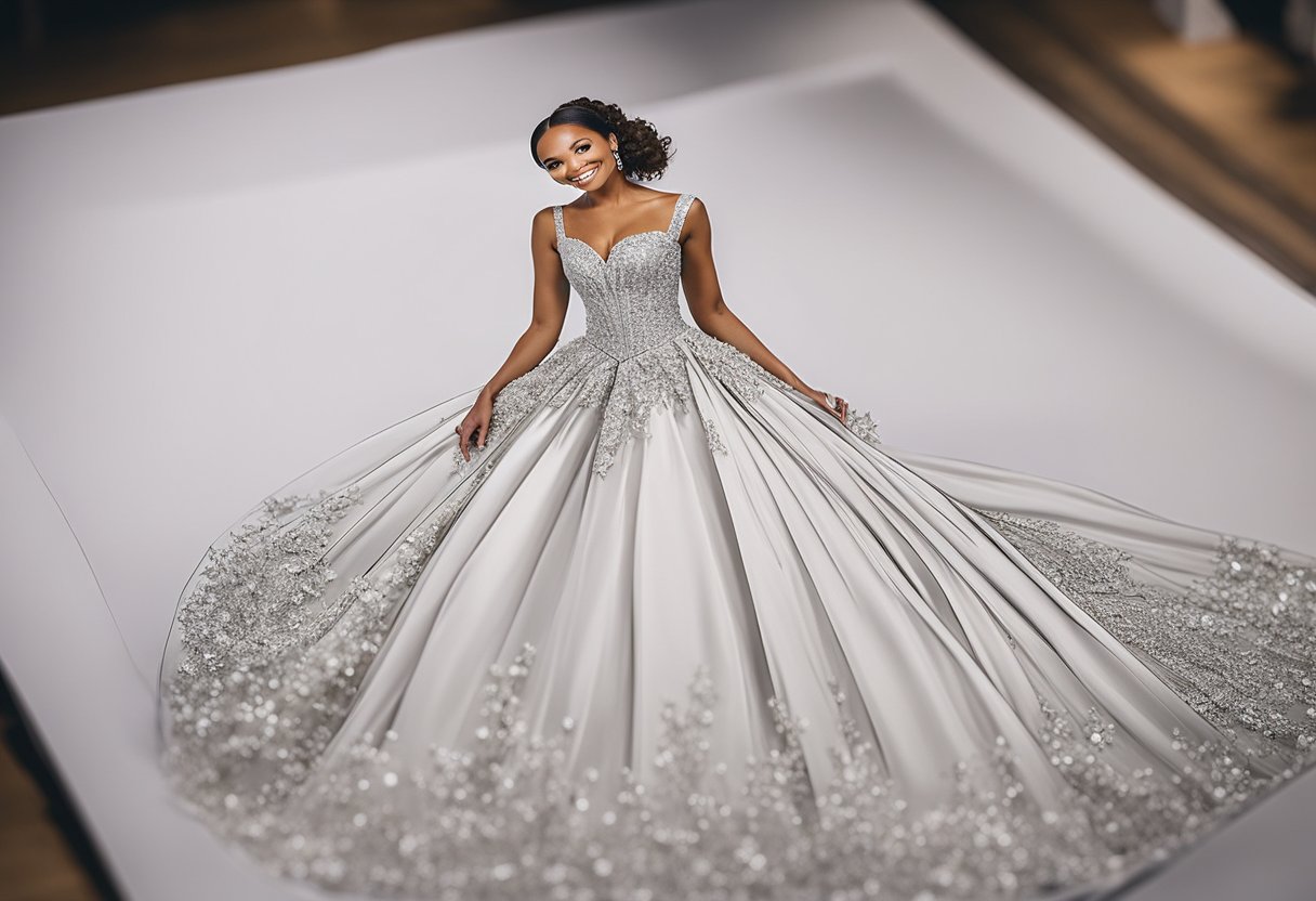 Mel B excitedly shows off a sketch of her wedding dress designed by Victoria Beckham. The gown features elegant lines and intricate details, capturing the essence of Mel B's style