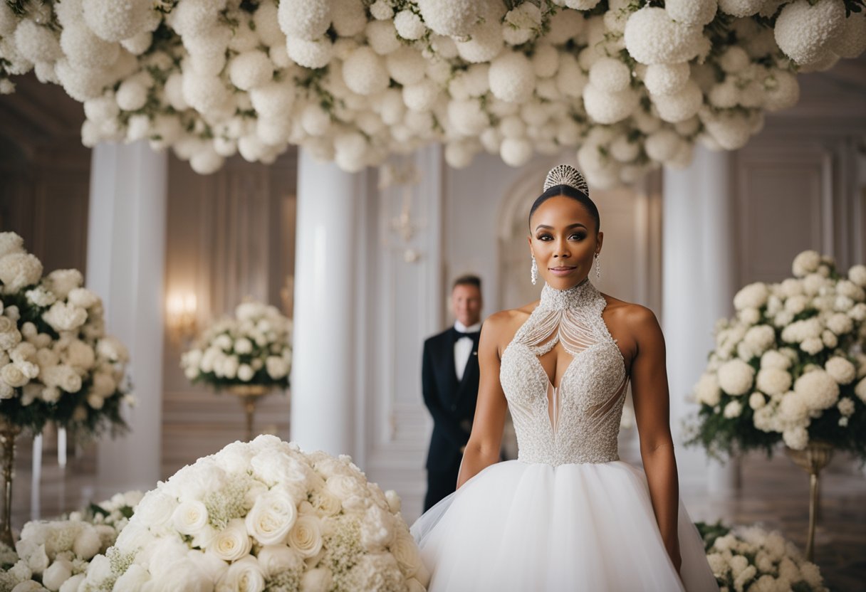 Mel B stands in a luxurious bridal gown designed by Victoria Beckham, surrounded by flowers and elegant decor at her upcoming wedding