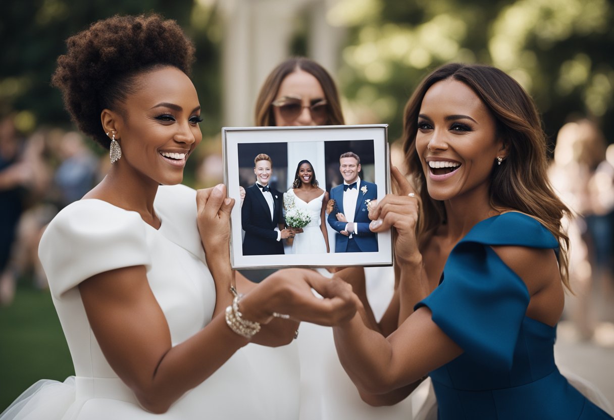Mel B excitedly shows off a sketch of her wedding dress by Victoria Beckham. The two friends embrace, smiling with joy