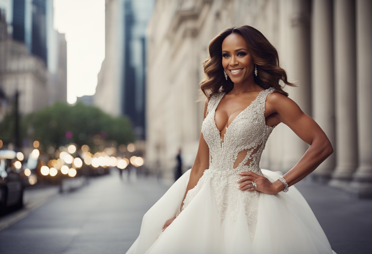 Mel B excitedly shows off Victoria Beckham's wedding dress design. The dress is modern and elegant, with intricate details and a touch of pop culture flair