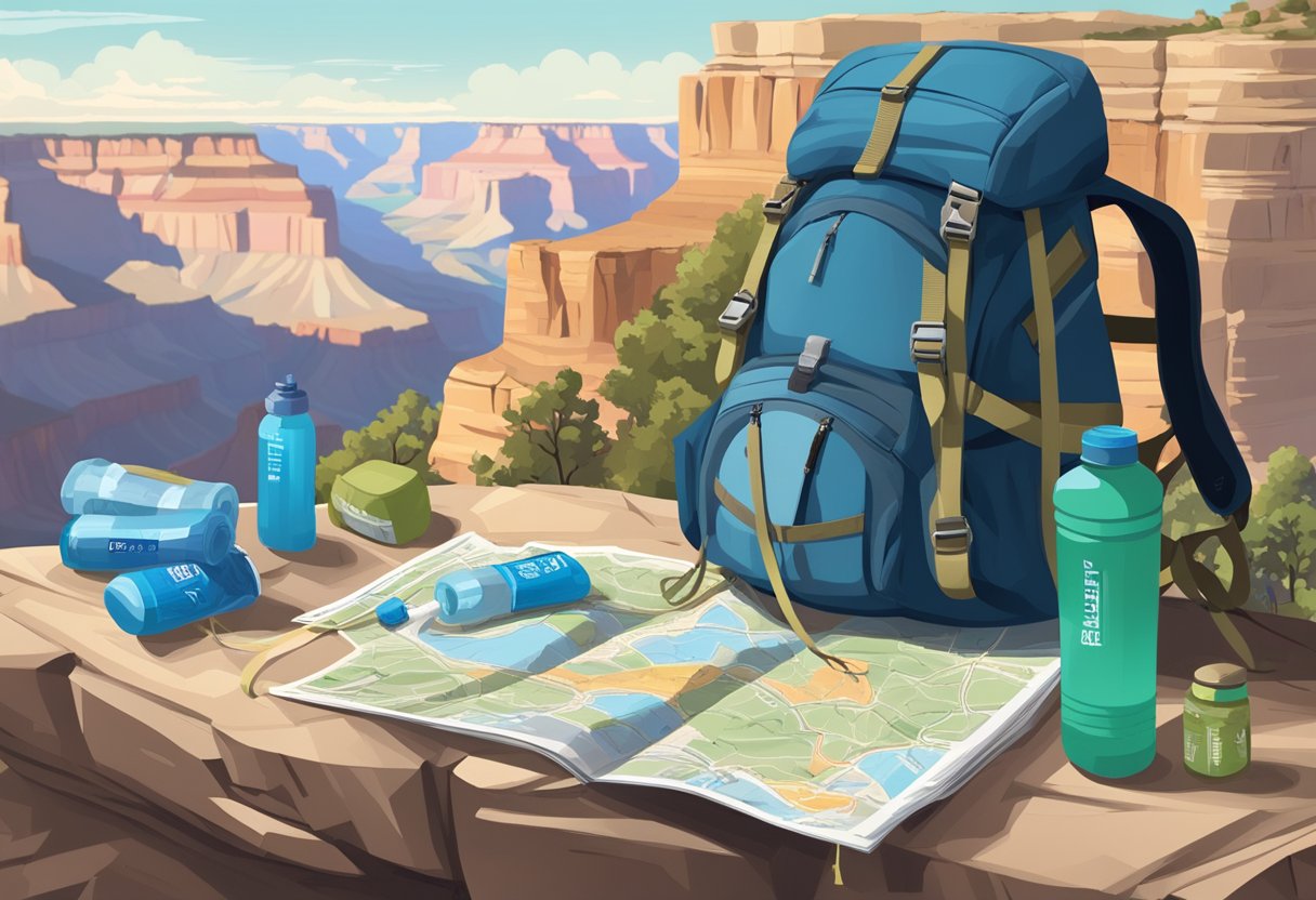 A backpack filled with a water bottle, hydration pack, and electrolyte tablets sitting next to a map and trail guide on a rocky ledge overlooking the Grand Canyon