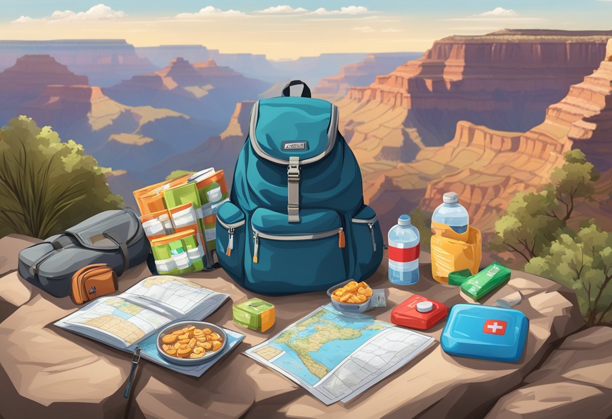 A backpack filled with water, snacks, first aid kit, map, flashlight, and whistle laid out on a rocky trail with a view of the Grand Canyon in the background