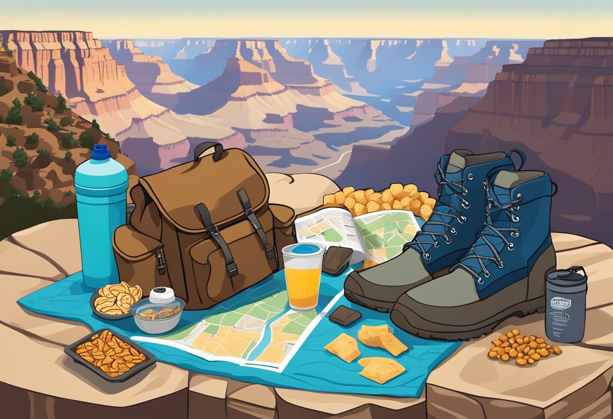 A backpack, water bottle, sturdy boots, hat, sunscreen, map, and snacks laid out on a rocky trail with the Grand Canyon in the background