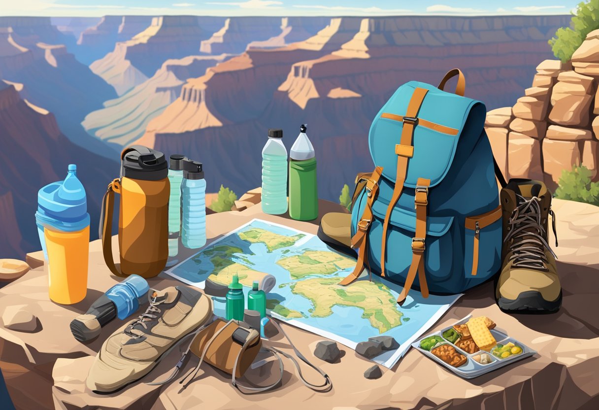 A backpack with water bottles, snacks, map, and sunscreen lies next to hiking boots and trekking poles on a rocky trail in the Grand Canyon
