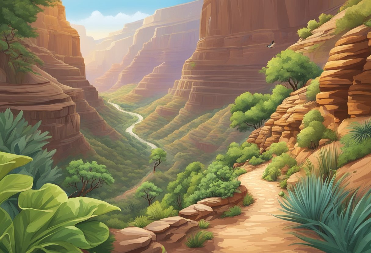 Lush greenery surrounds a winding trail through the Grand Canyon. Various wildlife such as birds, squirrels, and lizards can be seen among the vibrant plants
