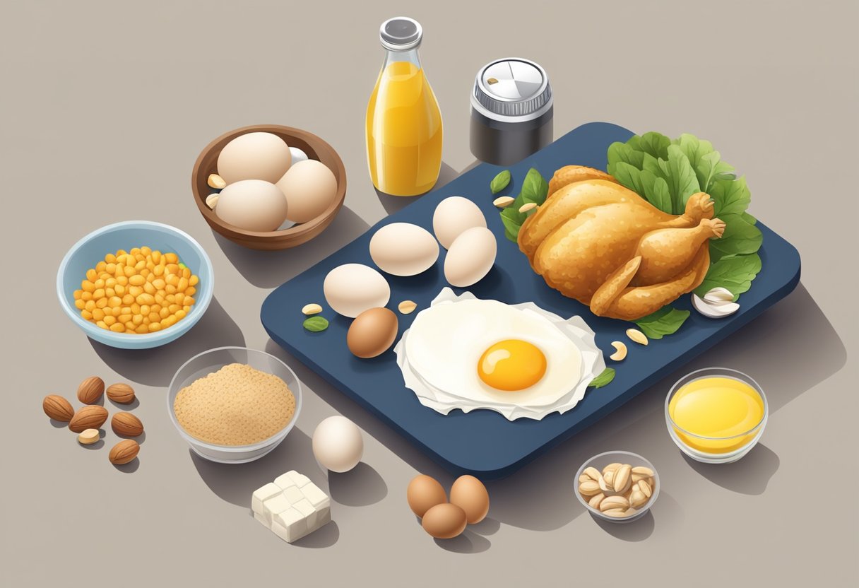A table with various high-protein foods: chicken, eggs, nuts, and tofu. A scale showing weight loss and a dumbbell for muscle building