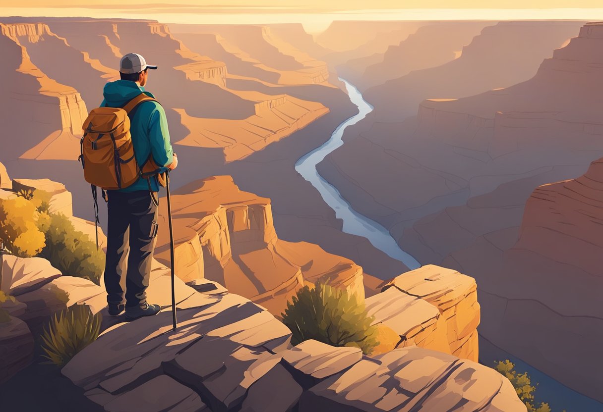 A hiker stands at the edge of the Grand Canyon, gazing across the vast expanse of the canyon. The sun sets in the distance, casting a warm glow over the rugged landscape