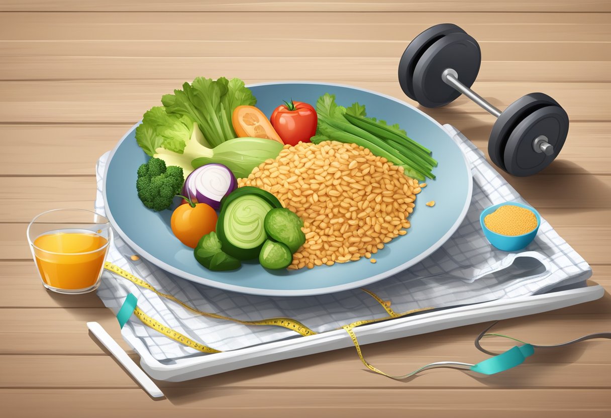 A plate with a balanced meal containing lean protein, vegetables, and whole grains, surrounded by fitness equipment and a tape measure