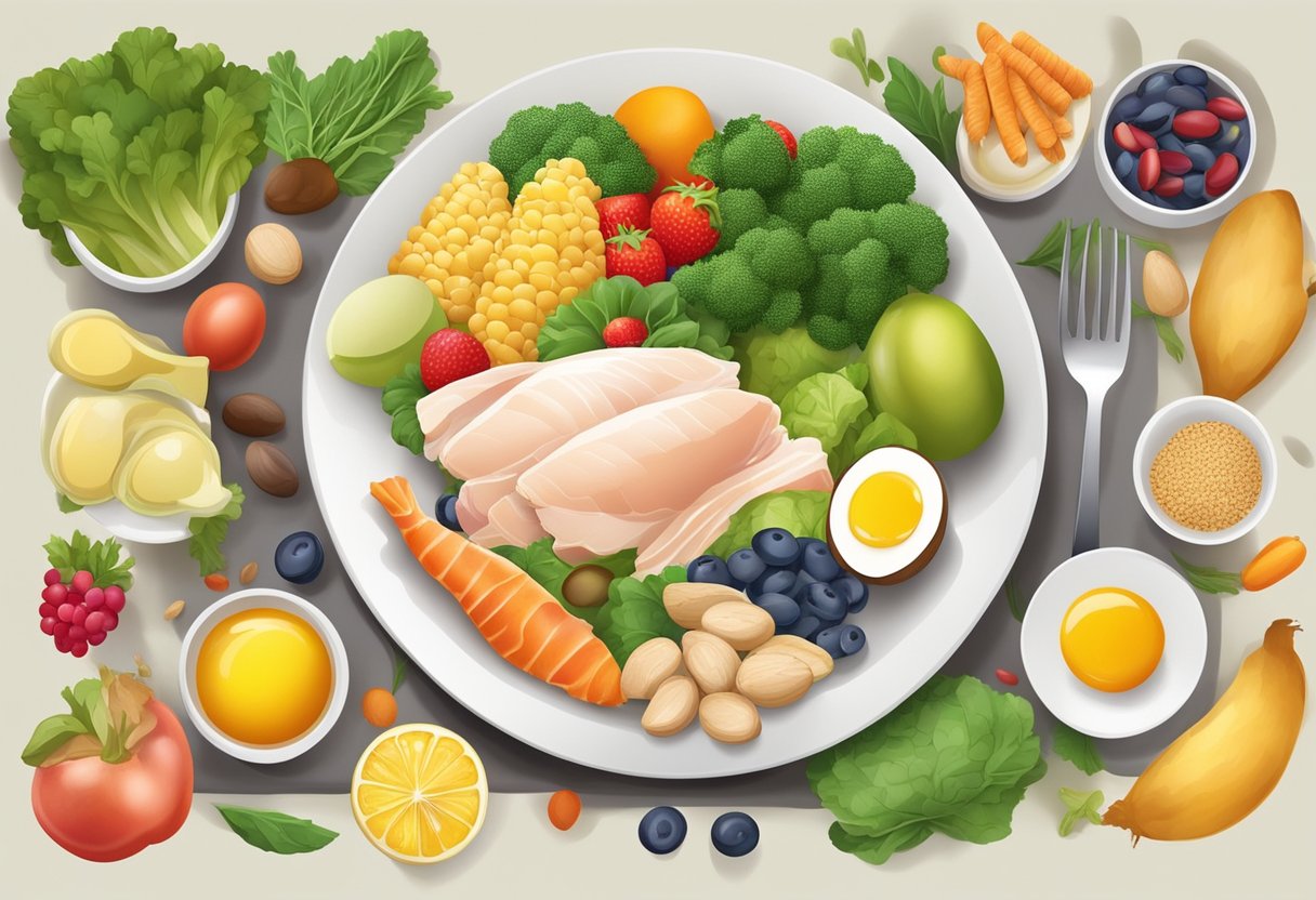 A plate with a variety of protein-rich foods like chicken, fish, eggs, beans, and nuts, surrounded by colorful fruits and vegetables